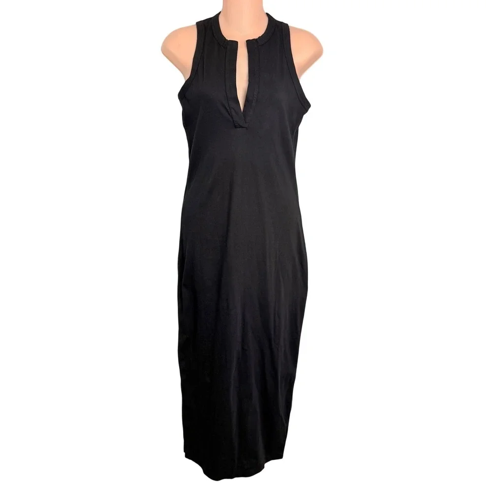 Standard James Perse Black Cotton Knit Split Neck Pencil Maxi Dress 1 Small - Picture 1 of 9